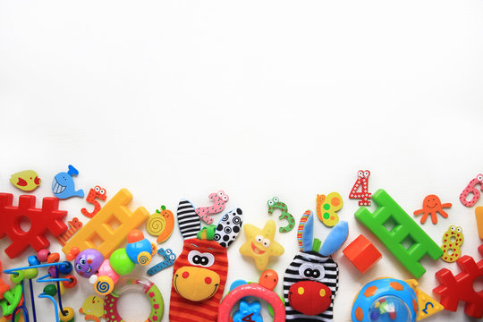 Children's toys and accessorieson a White background.view from above