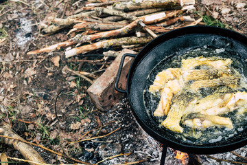 Healthy meal in camping: fryed fish on the black wok pan outdoors