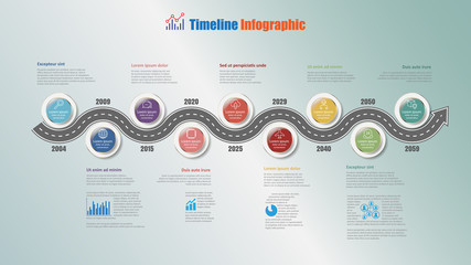 Road map business timeline infographic with 9 steps circle designed for background elements diagram planning process webpages workflow digital marketing data presentation chart. Vector illustration