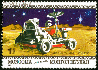 Ukraine - circa 2018: A postage stamp printed in Mongolia show lunar remotely operated self-propelled vehicle Apollo 15. Series: Air Mail. Apollo 11 Moon Landing 10th Anniversary. Circa 1979.