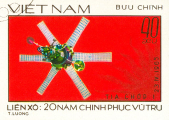 Ukraine - circa 2018: A postage stamp printed in Vietnam show Molniya 1 satellite. Series: 20 Years...