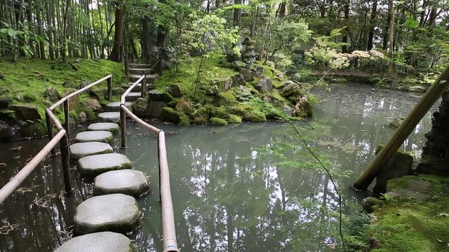 Stepping stones in Tenjuan garden at Nanzen-ji, a Zen Buddhist Temple in Higashiyama District, Kyoto, Japan. Vertical shot.