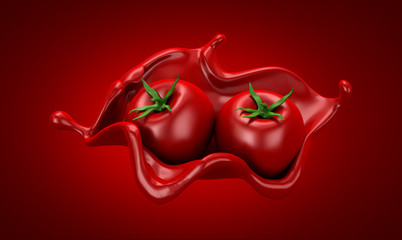 Red background with tomato and splash. 3d illustration, 3d rendering.