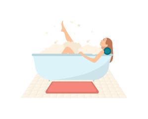 Smiling woman lying in bathtub full of soap foam. Happy female cartoon character taking bath and relaxing. Relaxation during hygienic or spa procedure. Colorful vector illustration in flat style.