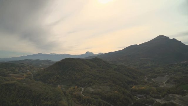 Beautiful landscape of hills and mountains in the distance, in Abruzzo.