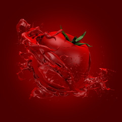 Beautiful red background with tomato and splash of juice, tomato paste, ketchup, sauce. 3d illustration, 3d rendering.