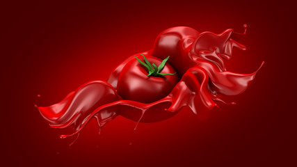 Beautiful red background with tomato and splash of juice, tomato paste, ketchup, sauce. 3d illustration, 3d rendering.