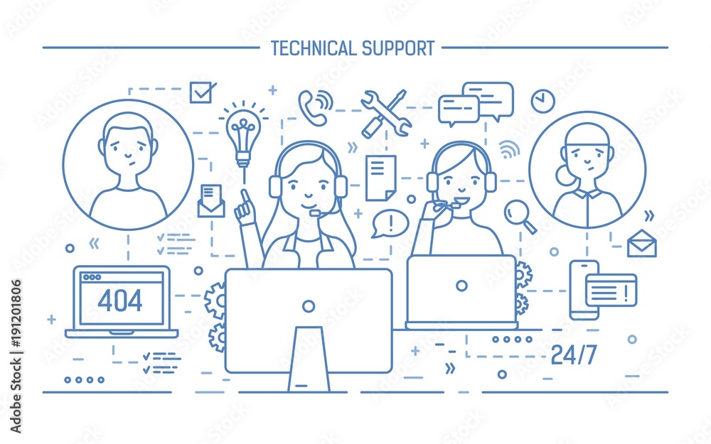 Poster friendly men and women wearing headphones with mics sitting at computers and answering questions. 24