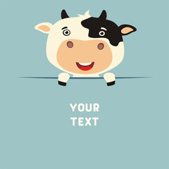 Funny cow looks out from behind the text. Postcard with cartoon cow with a field for your text.