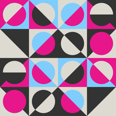 Trendy geometric seamless vector pattern with circles, squares and triangles.