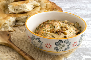 Arab snack from chickpeas hummus with bread.