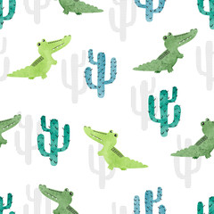 Seamless watercolor crocodile pattern. Vector background with alligators and cactuses for kids design.