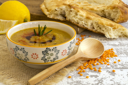 The Red Lentil Soup With Arabic Bread.