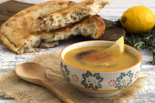 The Red Lentil Soup With Arabic Bread.