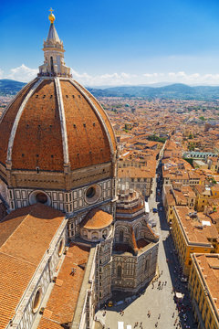 Dome of the Cathedral of Saint Mary of the Flower. Cityscape of Florence, Italy. Italian Gothic architecture. June 2017. Urban landscape view from above.