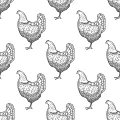 Chicken vintage engraved illustration seamless pattern background. Vector