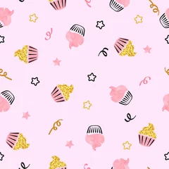 Fotobehang Sweet cupcakes seamless pattern. Vector background with cakes. © Afanasia