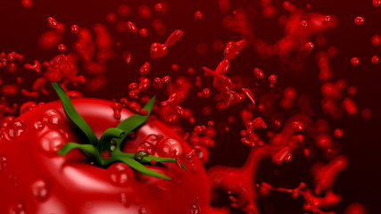Beautiful red background with a pomodore. 3d illustration, 3d rendering.
