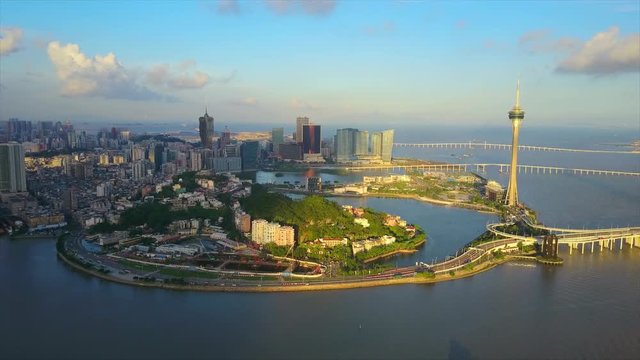 sunset time zhuhai bay macau cityscape famous tower panorama 4k china
