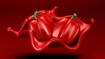 Red background with splash and pepper. 3d illustration, 3d rendering.