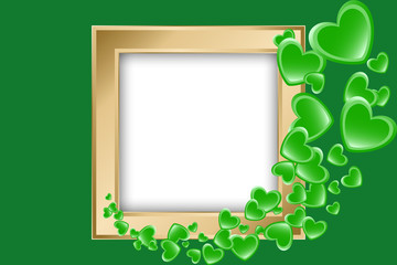 St Patrick's day card. Green hearts and golden frame with space for text. Vector illustration for Saint Patrick Day Greeting Card