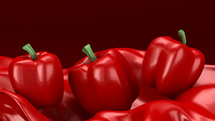 Beautiful, abstract red background with pepper and a splash of juice. 3d illustration, 3d rendering.
