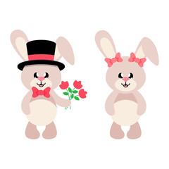 Obraz na płótnie Canvas cartoon cute bunny in hat and tie and flowers with bunny girl set