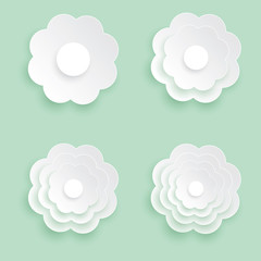 Set of four flower vector icon, White flower on the green pastel background, Paper cut of flower shape, Logo of valentine day and love symbol.
