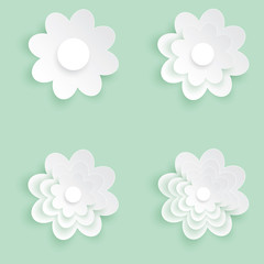 Set of four flower vector icon, White flower on the green pastel background, Paper cut of flower shape, Logo of valentine day and love symbol.