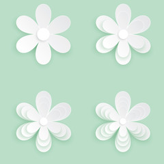 Set of four flower vector icon, White flower on the green pastel background, Paper cut of flower shape, Logo of valentine day and love symbol.