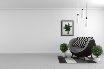 Beautiful room,Room interior wall mock up with fabric sofa and plants on white background. 3D rendering.