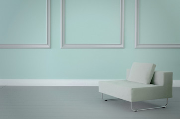 Minimalist interior ,white armchair on light blue wall. 3d rendering