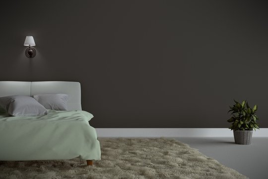 Bed Room Interior with green bed and carpet with a lamp and tree, white floor and black wall background. 3D rendering