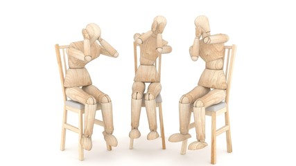 Three wooden puppets. 3D rendering