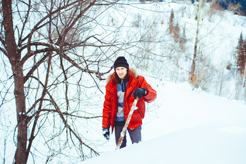 Fototapeta na wymiar throws snow shovel
