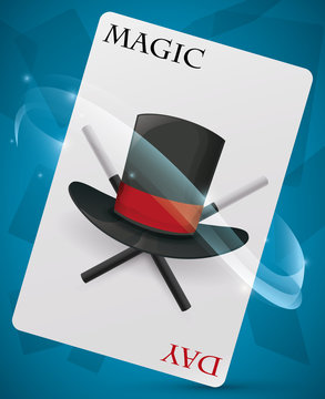 Card with Top Hat and Wands Inside for Magic Day, Vector Illustration