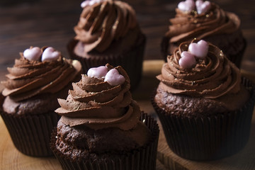 Tasty home made baked birthday muffins sweets. Yummy bakery products bad for figure. Unhealthy sweets. Holiday christmas, womens mothers day, happy valentine, february. Make up present for girlfriend