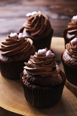 Tasty home made baked birthday muffins sweets. Yummy bakery products bad for figure. Unhealthy sweets. Holiday christmas, womens mothers day, happy valentine, february. Make up present for girlfriend