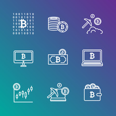 Bitcoin digital money mining icon set, cryptocurrency system and mining pool. Modern vector icons on gradient