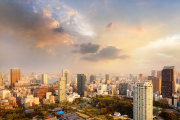Fototapeta na wymiar Landscape of tokyo city skyline in Aerial view with skyscraper, modern office building and sunset sky background in Tokyo metropolis, Japan.