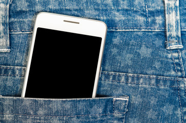 Close Up Bussines Fashion Stylish Smart Phone Screen Copy Space White Mobile in Blue Jeans with stars Back Pocket Denim Hipster