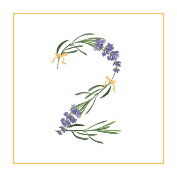 Digit 2 monogram. Retro sign alphabet with lavender flower initial