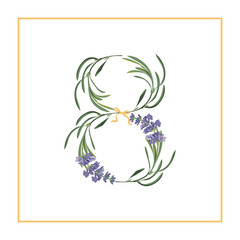 Digit 8 monogram. Retro sign alphabet with lavender flower initial