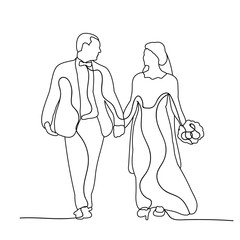 isolated sketch of the bride and groom, wedding, simple lines
