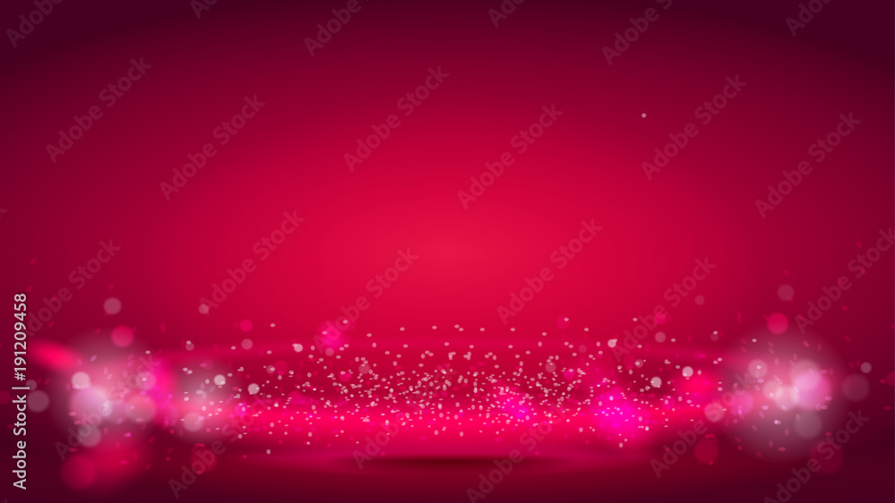 Poster Glow light wave or light aura on red bokeh background. Abstract decorative elements for design uses. Bright radial effect with sparkle. Vector realistic 3d illustration.