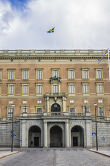 View of Royal Palace northern facade (Stockholms slott or Kungliga slottet, 1760) at Gamla Stan (Old Town). Palace is official residence and major royal palace of Swedish monarch. Stockholm, Sweden.