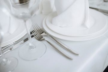 Closeup image of forks and cutlery in restaurant on celebration