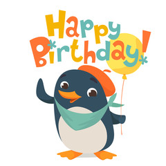 Happy birthday card. Baby birthday card with cute penguin