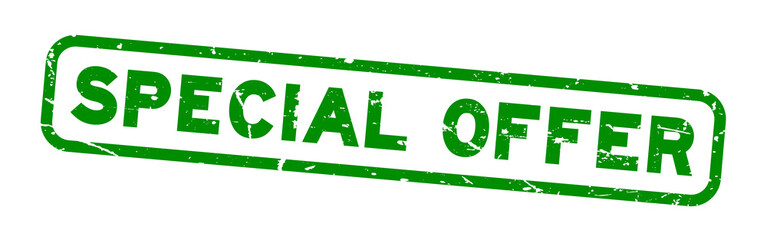 Grunge green special offer square rubber seal stamp on white background