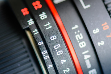 Macro shot of a camera lens focusing on camera lens information.